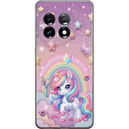 Kompatibel Mobilcover til OnePlus 11 Magisk enhjørning med regnbue manke, stjerner og sommerfugle mod en pastelfarvet himmel med skyer