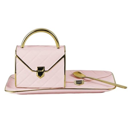 Käsilaukun muotoinen luova keraaminen kuppi ja aluslautanen posliininen tarjotin vaaleanpunainen