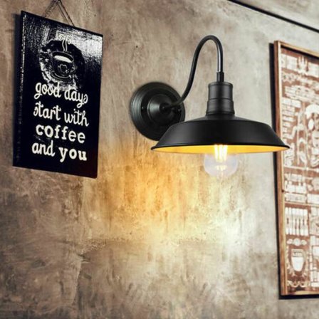 Retro industriell vägglampa i metallskärm E27 lampa för sovrum vardagsrum bar svart och vit - Svart