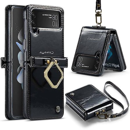 Nahkainen mokkanahkainen suojakotelo renkaalla ja rannehihnalla, yhteensopiva Samsung Galaxy Z Flip 4:n kanssa