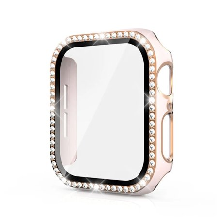 Bling Glass+ cover til Apple Watch Case 45mm 41mm 40mm 44mm 42mm 38mm Diamond bumper+skærmbeskytter iwatch serie 7 9 8 5 6 SE A pink ro A pink ro