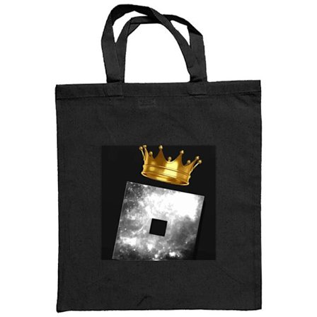 Stoffpose Roblox-symbol i galaksemønster med gylden krone mot svart bakgrunn med romfølelse og sterk kontrast