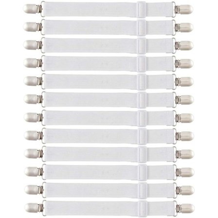 12-pak justerbare elastiske lagenholdere med metalclips kompatible med lagner, madrasser, strygebræt eller sofa - Hvid