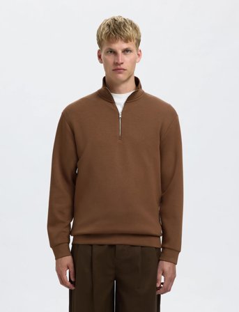 Selected Slhemanuel Soft Zip High Neck Sweat Noos - Brown - L
