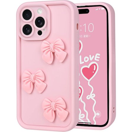 Cute Cases for iPhone 16 Pro Max Pink 3D Bowknot Design Soft Shockproof Protective Phone Cover for Girls Women