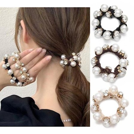 3pcs Pearl Crystal Black Hair Ties Girls Summer Elastic Hair Ropes Scrunchies
