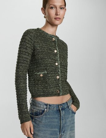 Mango Lurex Chunky-Knit Cardigan - Khaki green - XS