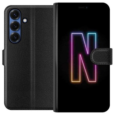 Kompatibel Tegnebogsetui til Samsung Samsung Galaxy S25+ Minimalistisk neonbogstav N i farveskiftende lys mod sort baggrund
