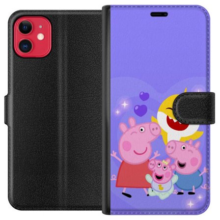 Kompatibel Tegnebogsetui til Apple iPhone 11 Peppa Gris mønster med hjerter, sommerfugle og venner, lyserød baggrund i bløde børneillustrationer