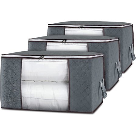 [3-pak] Stor opbevaringspose til tøj med forstærket håndtag til dyner, tæpper, sammenklappelig opbevaring under sengen (grå)