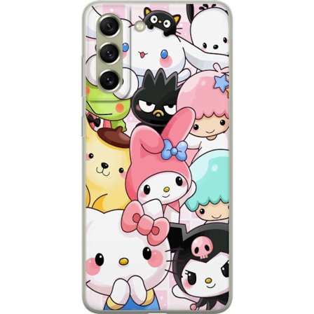 Kompatibelt Mobildeksel til Samsung Galaxy S21 FE 5G Tett mønster av søte figurer med store øyne i ulike farger og uttrykk med LABUBU-tekst