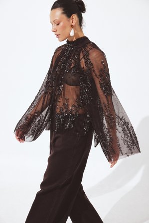 NA-KD Plissiertes Mesh-Pailletten-Top - Party Oberteile - Braun - XS (EU 32)