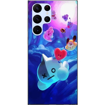 Samsung Galaxy S22 Ultra 5G Gjennomsiktig deksel BT21-karakterene svever gjennom et magiskt blått univers fylt med virvlende lys, energi og farger i