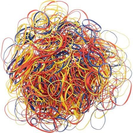 Sorterade gummiband i olika storlekar och färger, 1 kg.