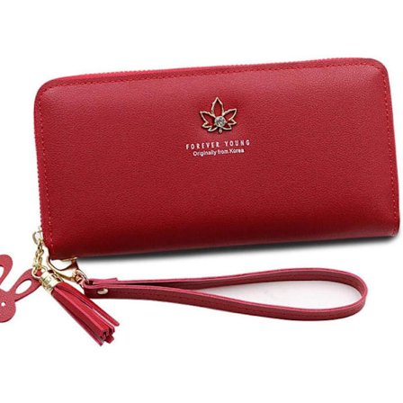 Damepung, Multirum med Telefonlomme, Damepung, Lang Stilfuld Lychee Blad Telefonetui med Lynlås, Rød