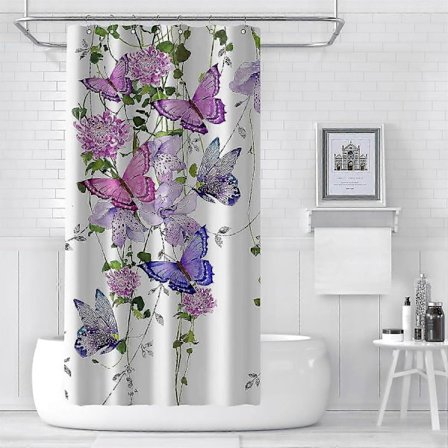 Lila fjärilsduschdraperier för badrum, sommar vår duschdraperi fjärilar rustikt blommigt duschdraperi med 7 krokar, maskintvättbar Wa