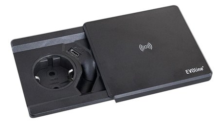 EVOline Square80 1xstikk 1xUSB-C lader+Qi-lader sort