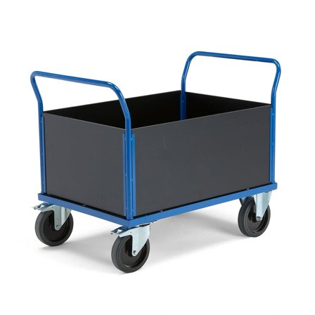 Plattformsvagn, hög träsarg, 1000x700 mm, 1000 kg, elastiskt massivgummihjul, med broms