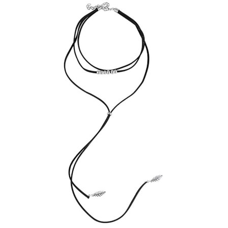 Svart & Silver Choker/Halsband - Textil Kedja med Kulor & Fjäder