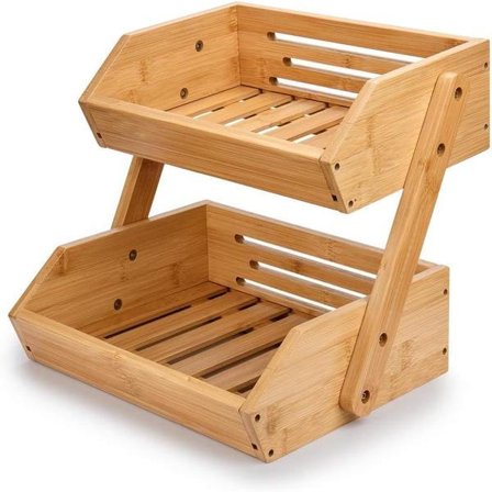 2-Tier Bamboo Fruit Basket Bread Basket Vegetable Storage Snack Stand for Kitchen and Office