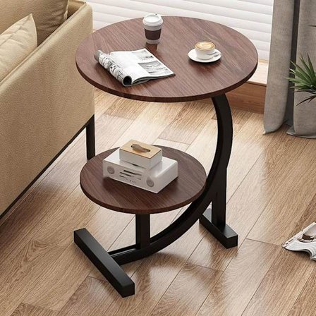 Moderne C-formet Sidebord – 2-lags Rundt Sofabord med Træhylde & Stålramme, Stabil & Let at Rengøre