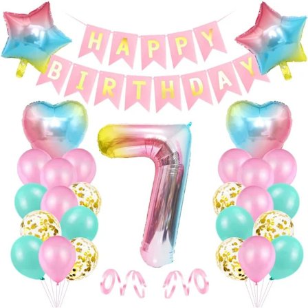 Balloner 7 år fødselsdag rosa, fødselsdagsdekorationer, kæmpe folieballon 7 rosa, dekoration 7 år fødselsdag pige, farvet folietal 7, banner