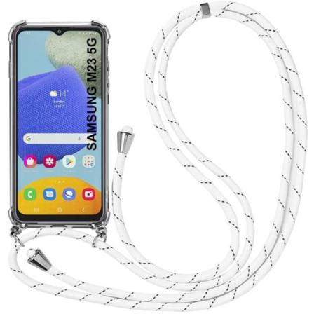Etui til Samsung Galaxy M23 5G Transparent forstærket hjørne stødsikker beskyttelse + hvid skulderrem Transparent-Vit