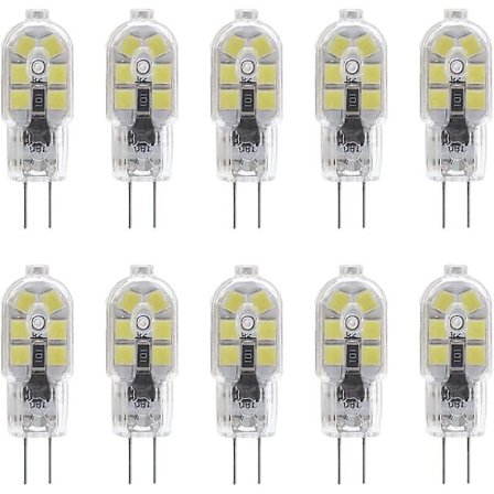 10-pack G4 2W LED-lampa för köksfläktlampor, AC/DC 12V, motsvarar 20W halogenlampor, 200lm, Bi-pin med klar PVC-kåpa, kallvit 6000K, ej dimbar