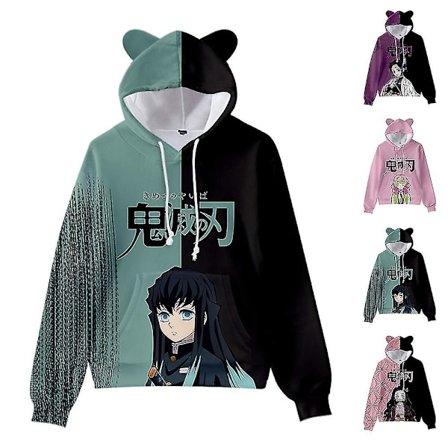 (AZC) Unisex Demon Slayer Trykt Hættetrøje Sweatshirt Casual Pullover Katteører Hættetrøje Toppe Grøn S