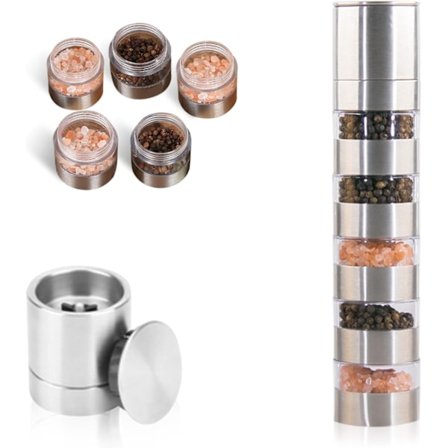 5 i 1 Kryddburk i Rostfritt Stål Mini Kryddburk med Kryddkvarn, Kryddburkar Set för Utomhuspicknick, BBQ