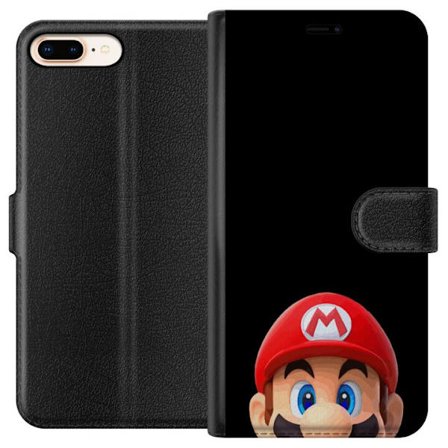 Kompatibelt Lommeboketui til Apple iPhone 8 Plus Mario portrett med ikonisk rød lue mot svart bakgrunn minimalistisk gaming motiv perfekt for Nintendo