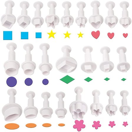 24 st kakformar, fondantkakformar, miniplastkakformar, fondantdekorationsformar, hjärta/kvadrat/oval/cirkulär/stjärna/diamant