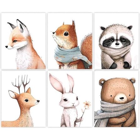 6 stk. Skogsdyr Lerret Veggkunst Barnerom Søt Dyr Lerret Kunst Veggdekor