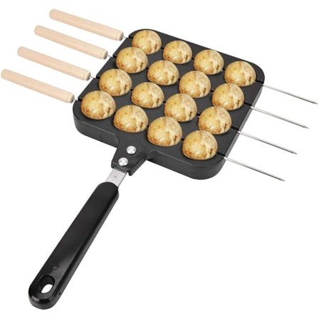 Takoyaki-pan i restaurantkvalitet, 16 hull, non-stick, støpt aluminium for jevn varmefordeling, egnet for alle koketopper