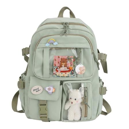 Student skolväskor Stor kapacitet skolväskor med Kawaii Pin och söta tillbehör(Grön)