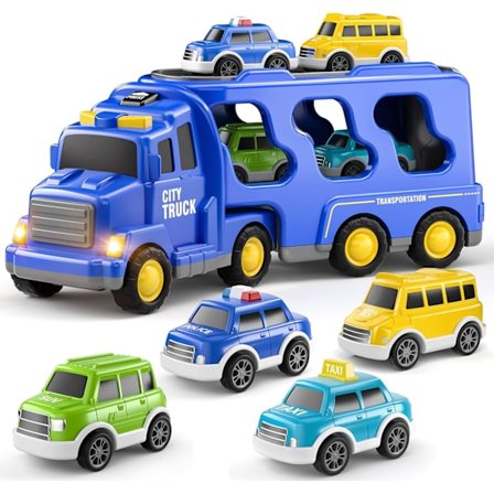 Polisbil Leksaker för Småbarn 3 4 5 6 År Gamla Pojkar - 5-i-1 Friktionsdriven Nödfordon, Transportbilsleksaker för Barn 3-5, Blå
