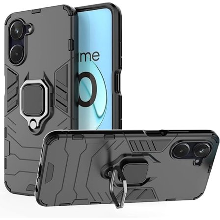 Realme 10 4G Beskyttelsesdeksel med 360° Roterende Støtte [5x Militær-Grade Fallbeskyttelse] PC + TPU Støtfangerdeksel, Svart