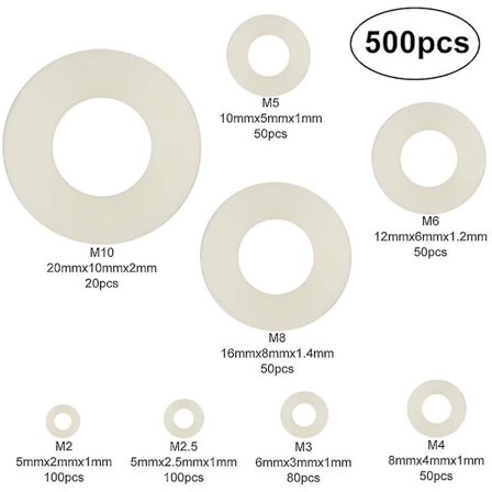 500 stk. Plastskiver Nylon Flat Skiver M2 / M2.5 / M3 / M4 / M5