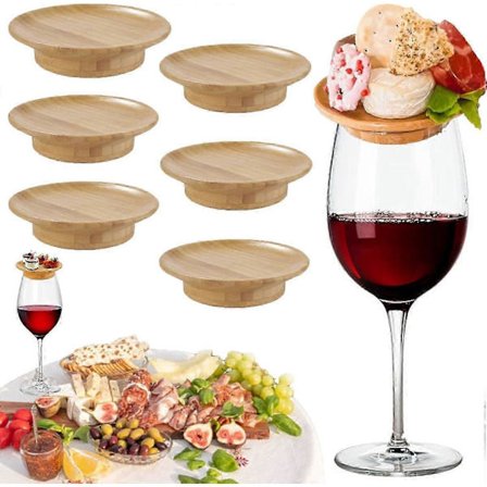 Sett med 6 dekorasjoner for vinglass, charcuterie, bambus vinglass, charcuterie tallerken, aperitiff tallerkener for vinglass 6 stk.