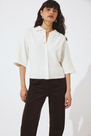 NA-KD Knitted Collar Cardigan - Cardigans - Råhvid - S