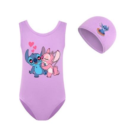 Lilo & Stitch Badetøy for Jenter - Tegneserie Endelt Badetøy med Caps for Sommerstrandferie, Basseng, Surfing, Lilla, 9-10 År, Purplejx Purple 9-