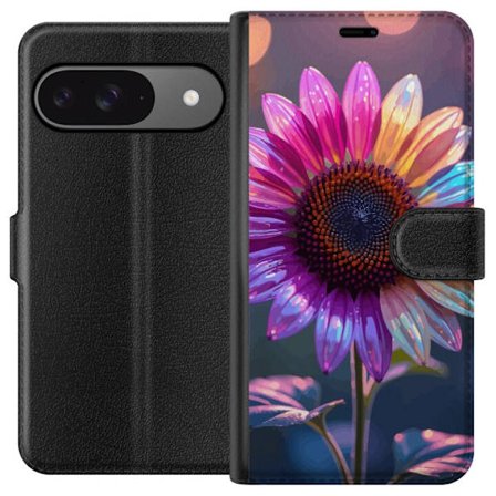 Kompatibelt Lommeboketui til Google Pixel 9 Irideserende blomst med glitrende kronblad i rosa lilla og gull mot myk bokeh bakgrunn