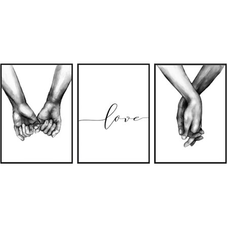 Sett med 3 svart-hvitt plakater som holder hender og kjærlighetssitat Wal