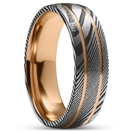Fortis | 7 mm Double Grooved Damascus Steel and Rose Gold-Tone Titanium Ring for Men - Steel rings