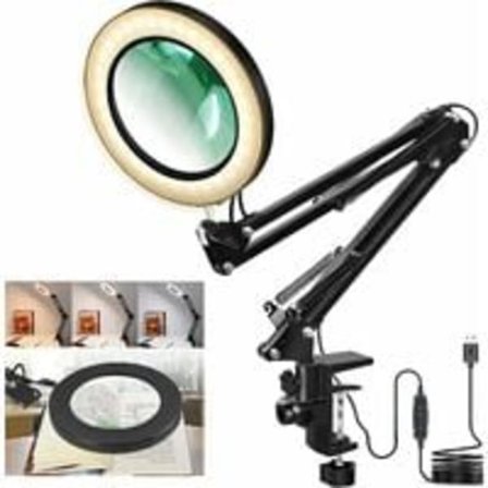 10X forstørrende LED-bordlampe u2013 3 lyse farver 10 dæmpbar lysstyrke u2013 USB-drevet forstørrelsesglas med justerbar
