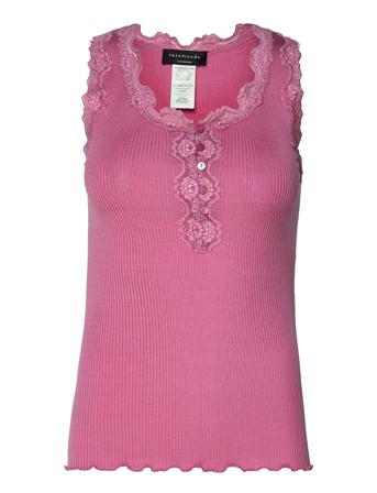 Silk Top W/ Button & Lace Top Ærmeløs Top Lyserød Rosemunde