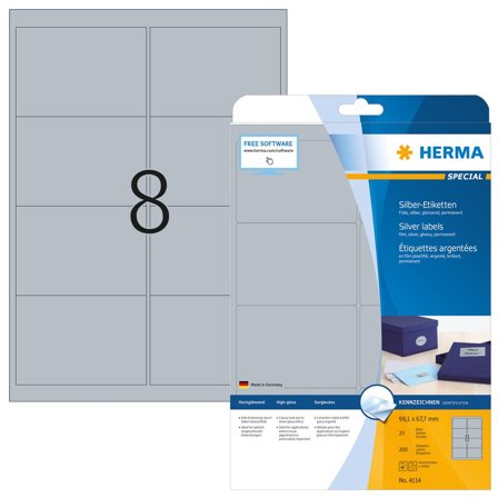 Herma Etiketten A4 silber 99,1x67,7 mm Folie glänz. 200 St.