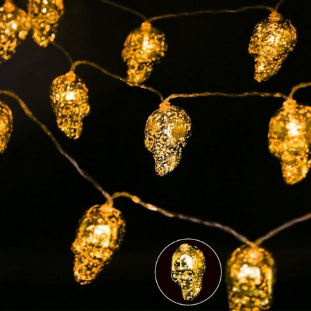 10,8 ft 20 pærer kranie Halloween lyskæde, batteridrevet kranie lyskæde udendørs, dekorationslyskæde til Halloween (gylden)