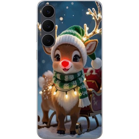 Samsung Galaxy S25 FE Läpinäkyvä kuori Jouluisesti koristeltu poro hehkuvin sarvin, punainen nenä ja neulottu vihreä pipo seisoo kelkan edessä l