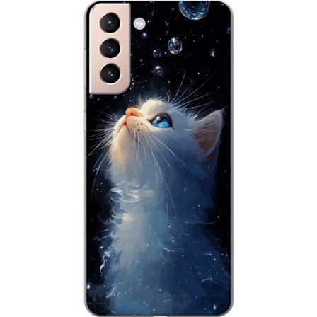 Kompatibelt Mobildeksel til Samsung Samsung Galaxy S21 Stjernekatte Drøm motiv med hvit katt som ser mot stjernehimmelen, magiskt drømmeaktig og nat